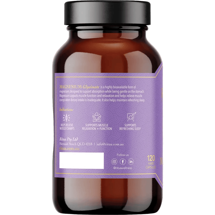 Brown bottle of Magnesium Glycinate - 120 Capsules by Ritua with purple label showing usage benefits and contact info