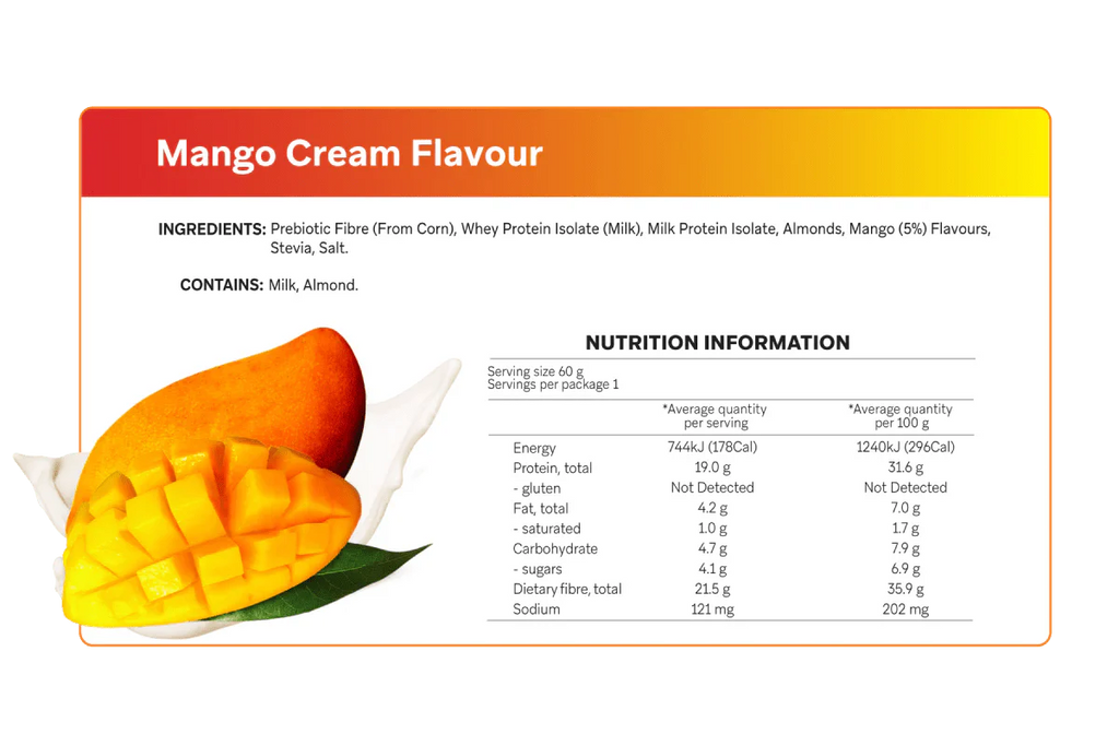 Nutrition label and ingredients for Mango Cream Smart Protein Bars x 12 by Smart Diet Solutions with mango image and nutrition facts.