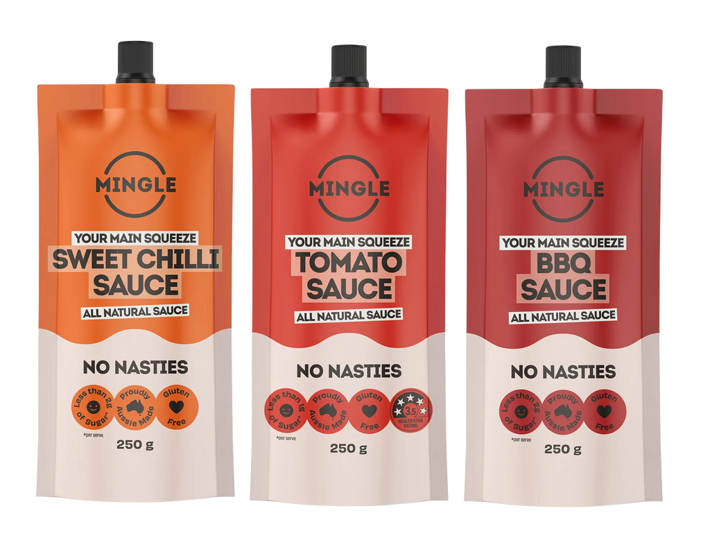 Three 250g pouches of Mingle sauces including Sweet Chilli, Tomato, and BBQ, part of the Better For You Sauce 3 Pack, keto and low carb friendly.