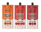 Three 250g pouches of Mingle sauces including Sweet Chilli, Tomato, and BBQ, part of the Better For You Sauce 3 Pack, keto and low carb friendly.