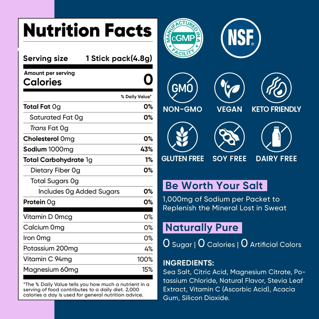 Nutrition facts and certifications for Mixed Berry Electrolyte Drink Mix - 30 Sticks by Venture Pal, showing ingredients and benefits.