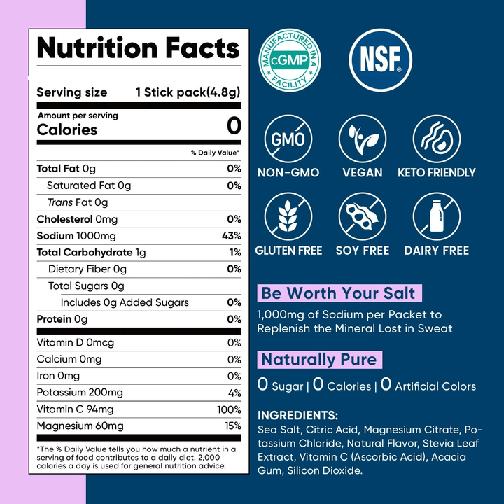 Nutrition facts and certifications for Mixed Berry Electrolyte Drink Mix - 30 Sticks by Venture Pal, showing ingredients and benefits.