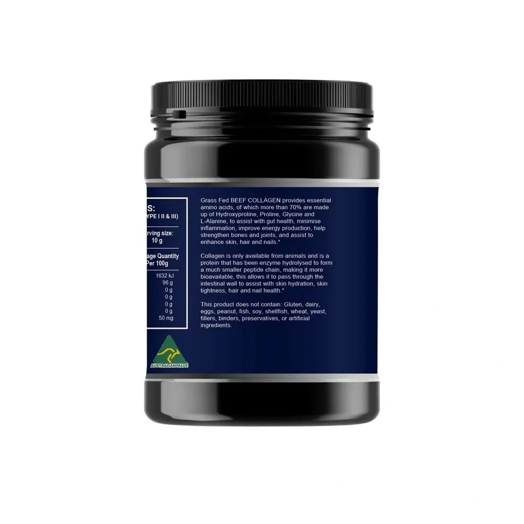 Back label of Multi Collagen Powder - 1kg by NXGEN Wholefoods showing nutrition facts and ingredient details