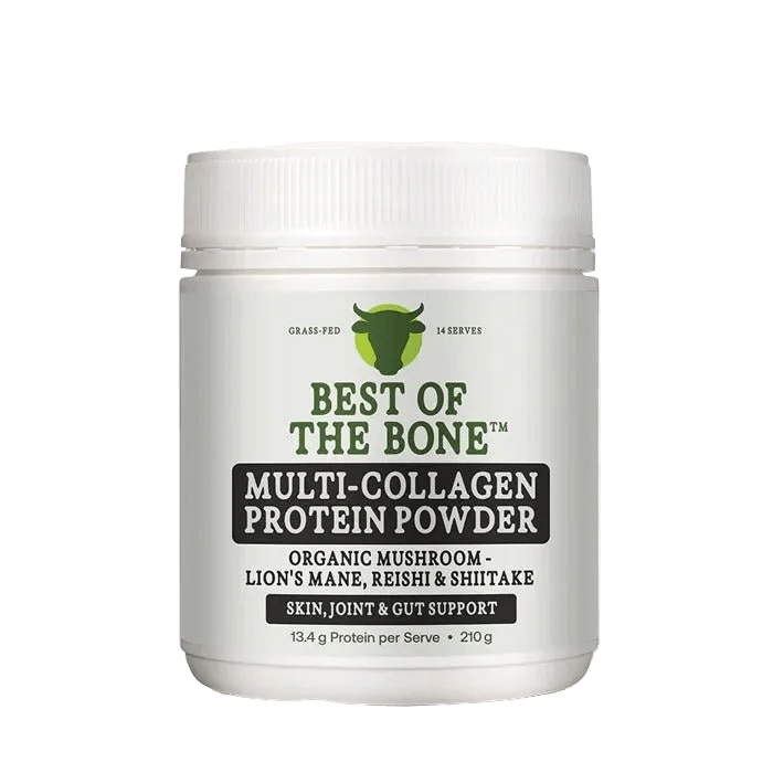 Best Of The Bone Multi-collagen Protein Peptides - Adaptogen Nootropic Blend - 210g container featuring organic mushroom blend for skin, joint, and gut support.