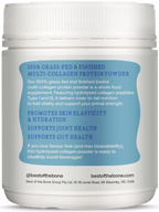 Container label of Multi-collagen Protein Peptides Powder - 210g by Best Of The Bone showing benefits for skin, joint, and gut health.