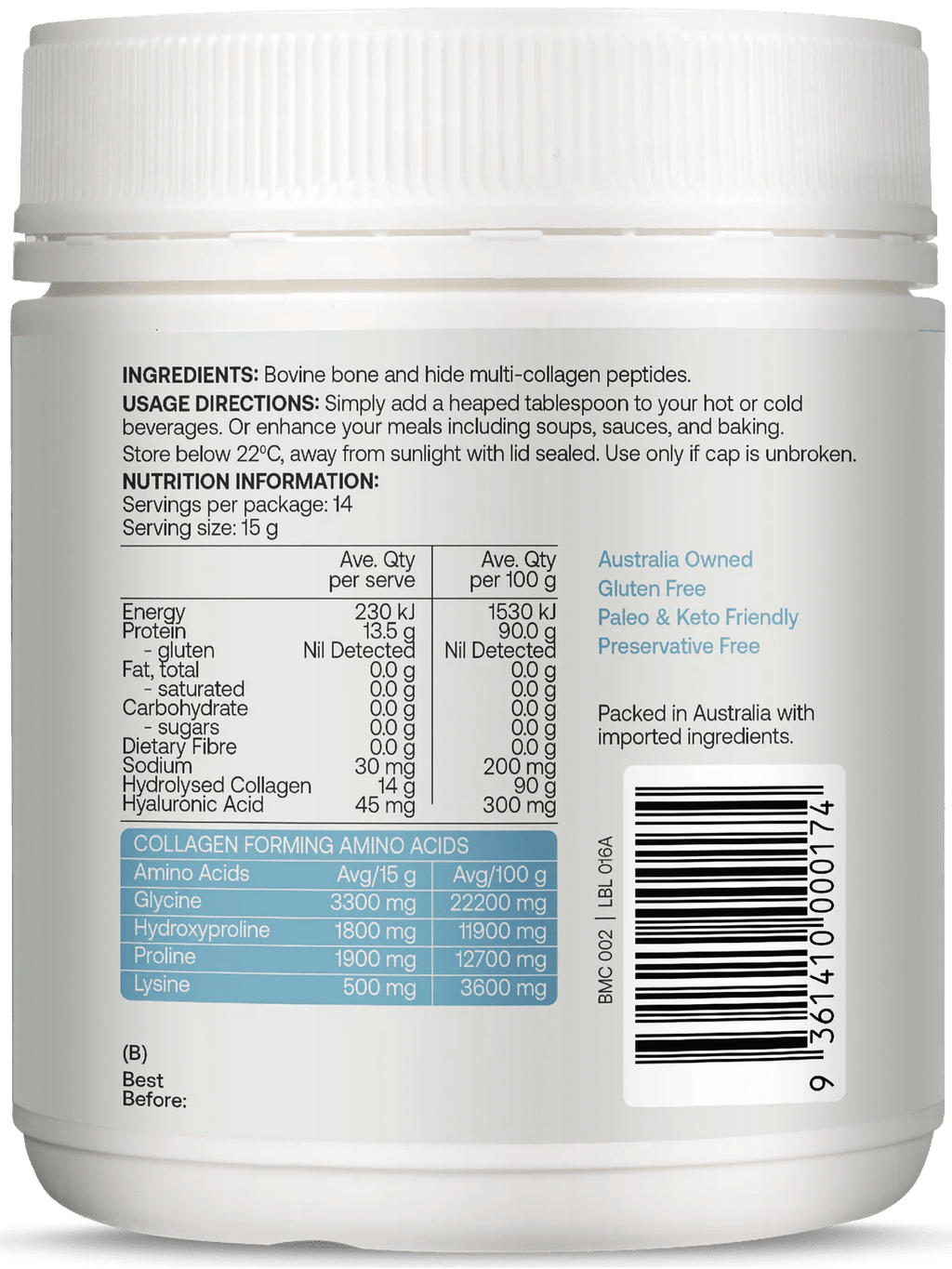Nutrition facts label and ingredients on Multi-collagen Protein Peptides Powder - 210g by Best Of The Bone with usage directions.