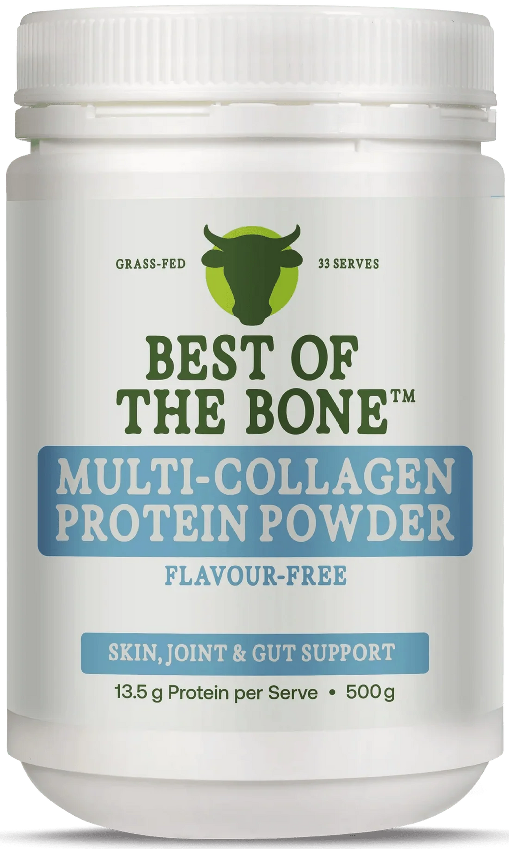 White container of Multi-collagen Protein Peptides Powder - 500g by Best Of The Bone promoting skin, joint, and gut support