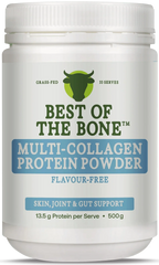 White container of Multi-collagen Protein Peptides Powder - 500g by Best Of The Bone promoting skin, joint, and gut support
