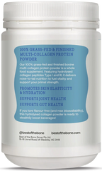 Back label of Multi-collagen Protein Peptides Powder - 500g highlighting benefits for skin, joints, and gut by Best Of The Bone.