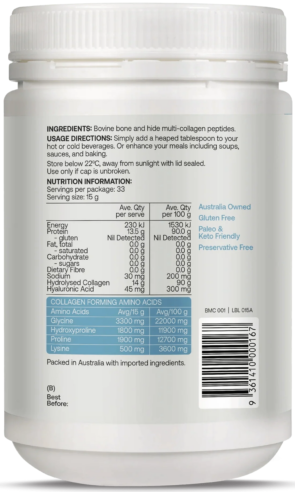 Back label of Multi-collagen Protein Peptides Powder - 500g showing ingredients, usage, nutrition, and amino acids by Best Of The Bone
