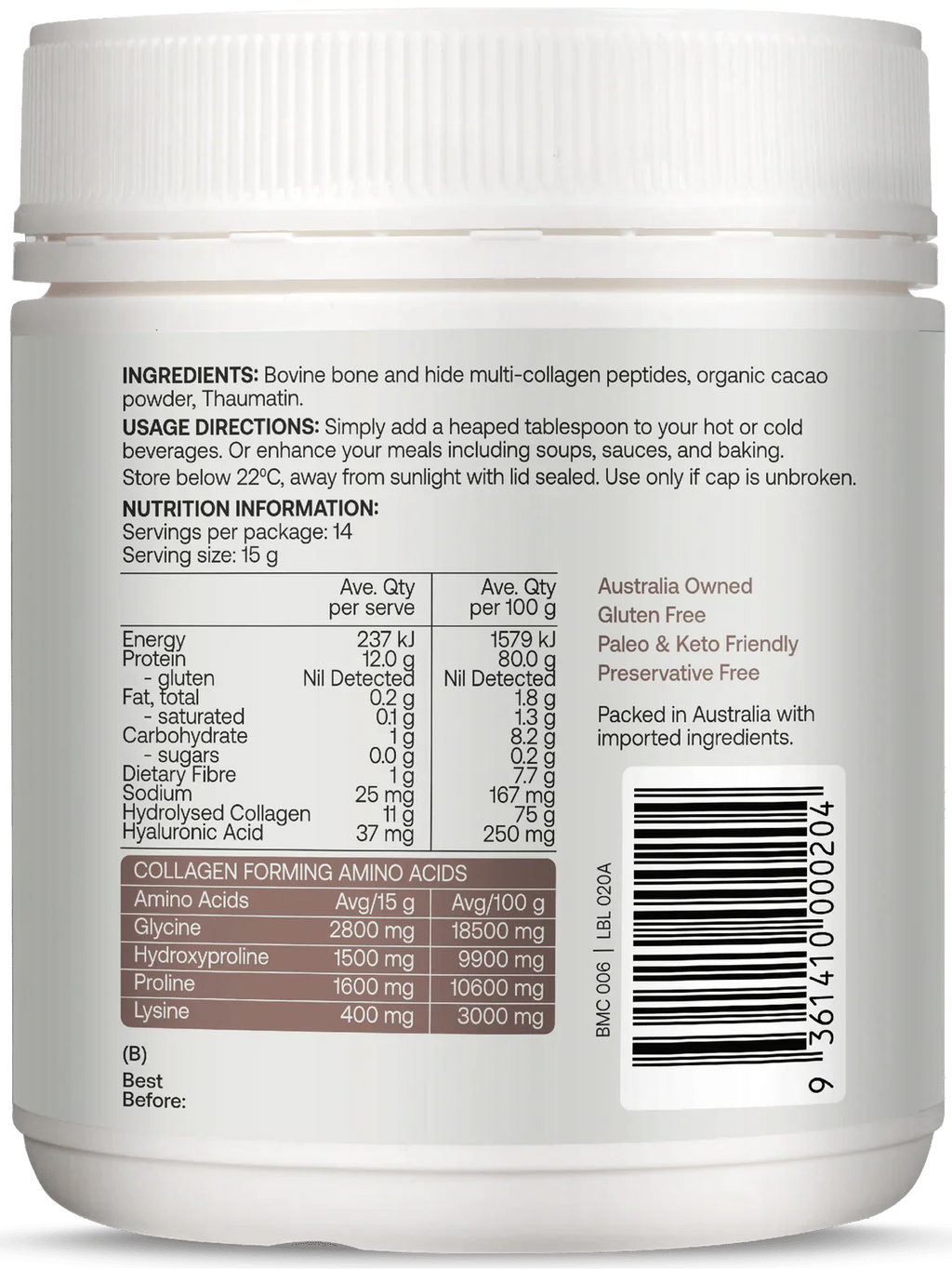 Multi - Collagen Protein Peptides - Raw Organic Cacao - 210g - Yo Keto
