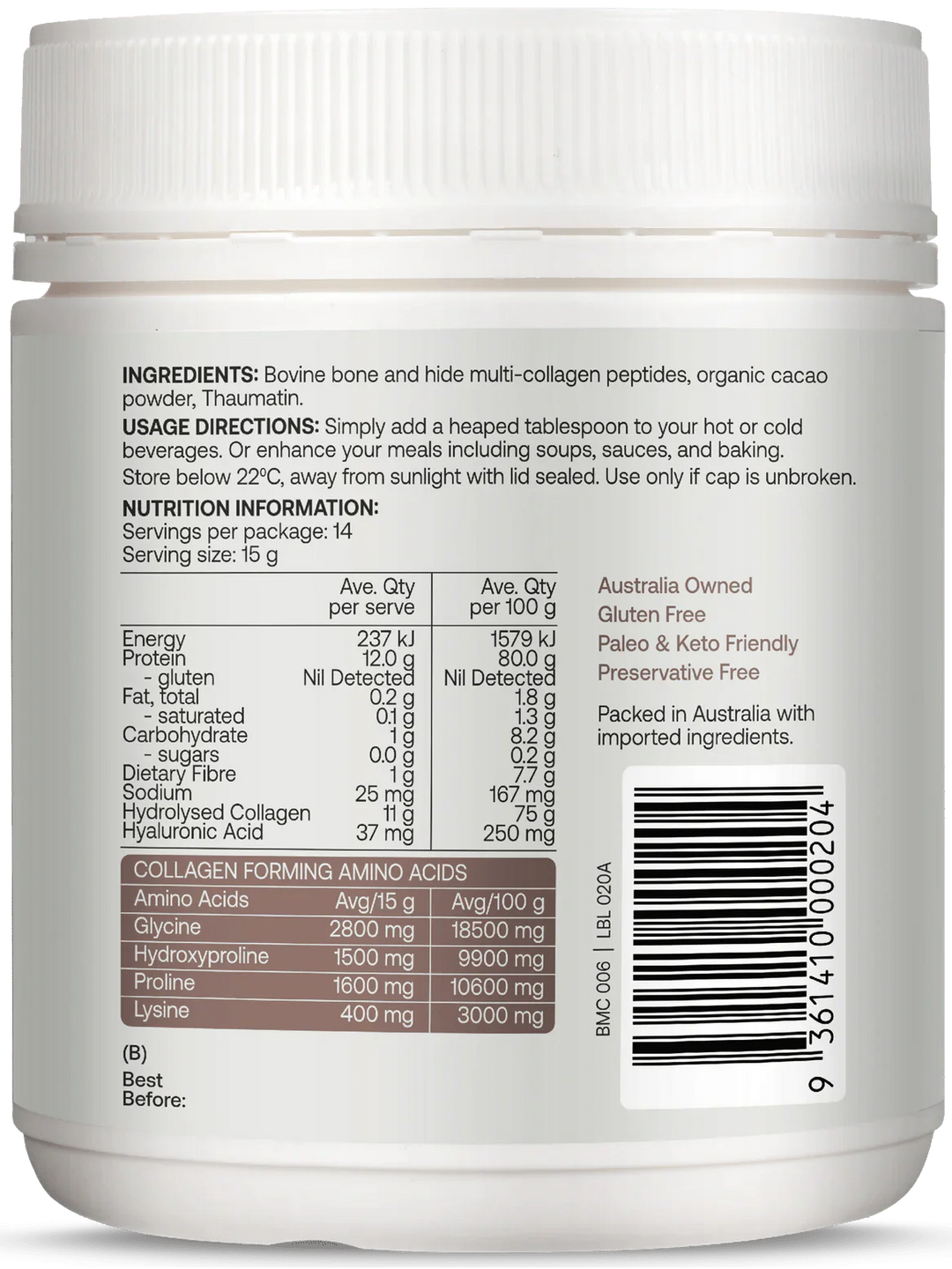 Multi - Collagen Protein Peptides - Raw Organic Cacao - 210g - Yo Keto