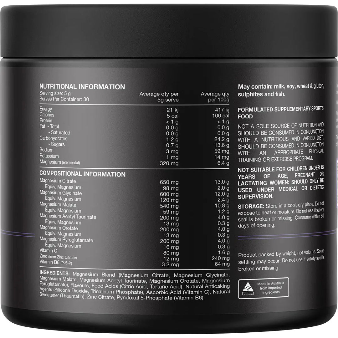 Black container label showing nutritional facts and ingredients for Multi-Mag Perform - Recovery - Watermelon - 150g by Switch Nutrition.