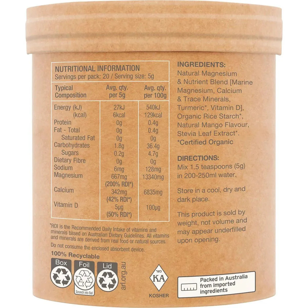 Muscle Magnesium - Creamy Mango - 100g by RAW in eco-friendly packaging with ingredients and nutritional details shown.