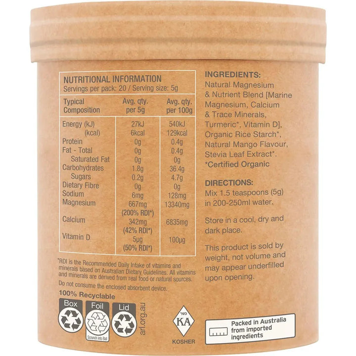 Muscle Magnesium - Creamy Mango - 100g by RAW in eco-friendly packaging with ingredients and nutritional details shown.