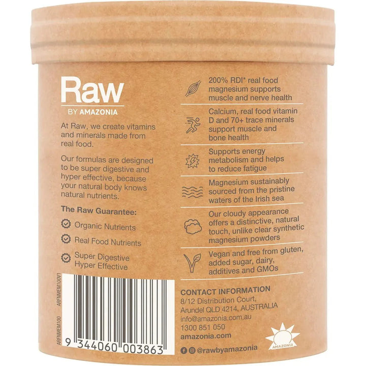 Muscle Magnesium - Creamy Mango - 100g by RAW in eco-friendly packaging with detailed natural nutrient information.