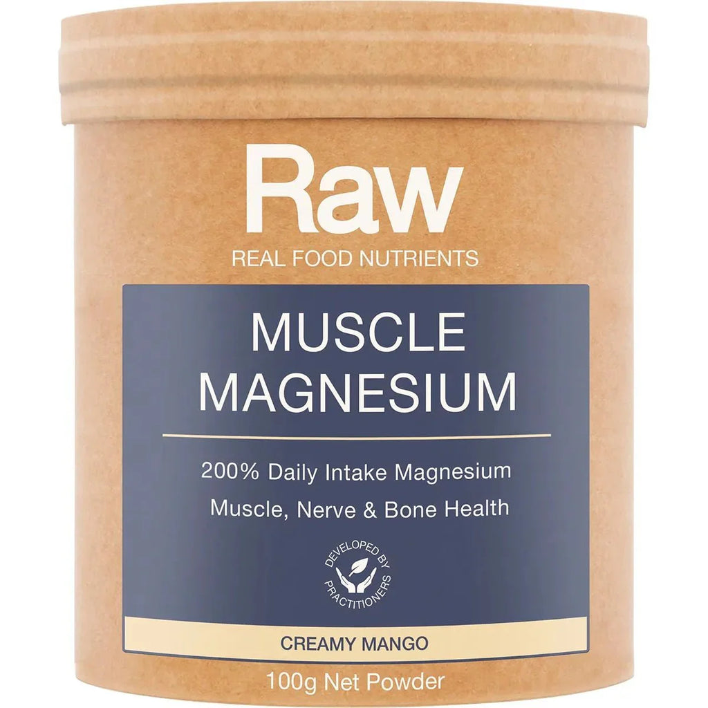 Muscle Magnesium - Creamy Mango - 100g by RAW in natural brown container for muscle, nerve, and bone health support