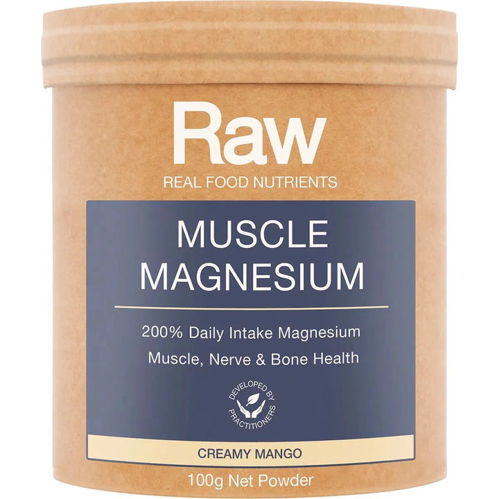 Muscle Magnesium - Creamy Mango - 100g by RAW in natural brown container for muscle, nerve, and bone health support