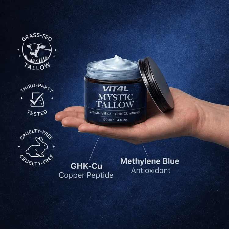 Mystic Tallow Balm - Manuka Honey - Methylene Blue and GHK-Cu Infused - 100ml held in hand by Blueprint Vitality