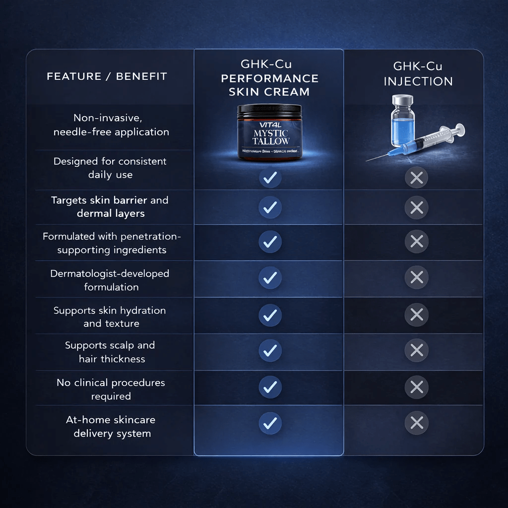 Comparison chart showing Mystic Tallow Balm - Manuka Honey - Methylene Blue and GHK-Cu Infused - 100ml benefits versus GHK-Cu injection.