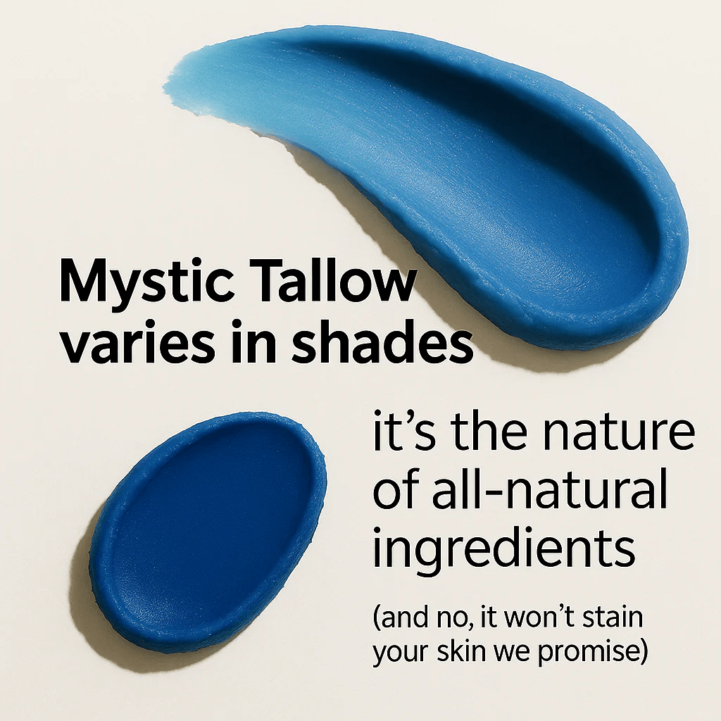 Blue swatches of Mystic Tallow Balm - Manuka Honey - Methylene Blue and GHK-Cu Infused - 100ml by Blueprint Vitality.