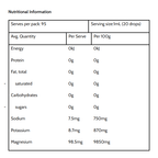 Nutritional information table for Natural Liquid Magnesium - 95ml by Ancient Lakes showing zero calories, no protein, fat, or carbohydrates, with details on sodium, potassium, and magnesium content per serving and per 100g.