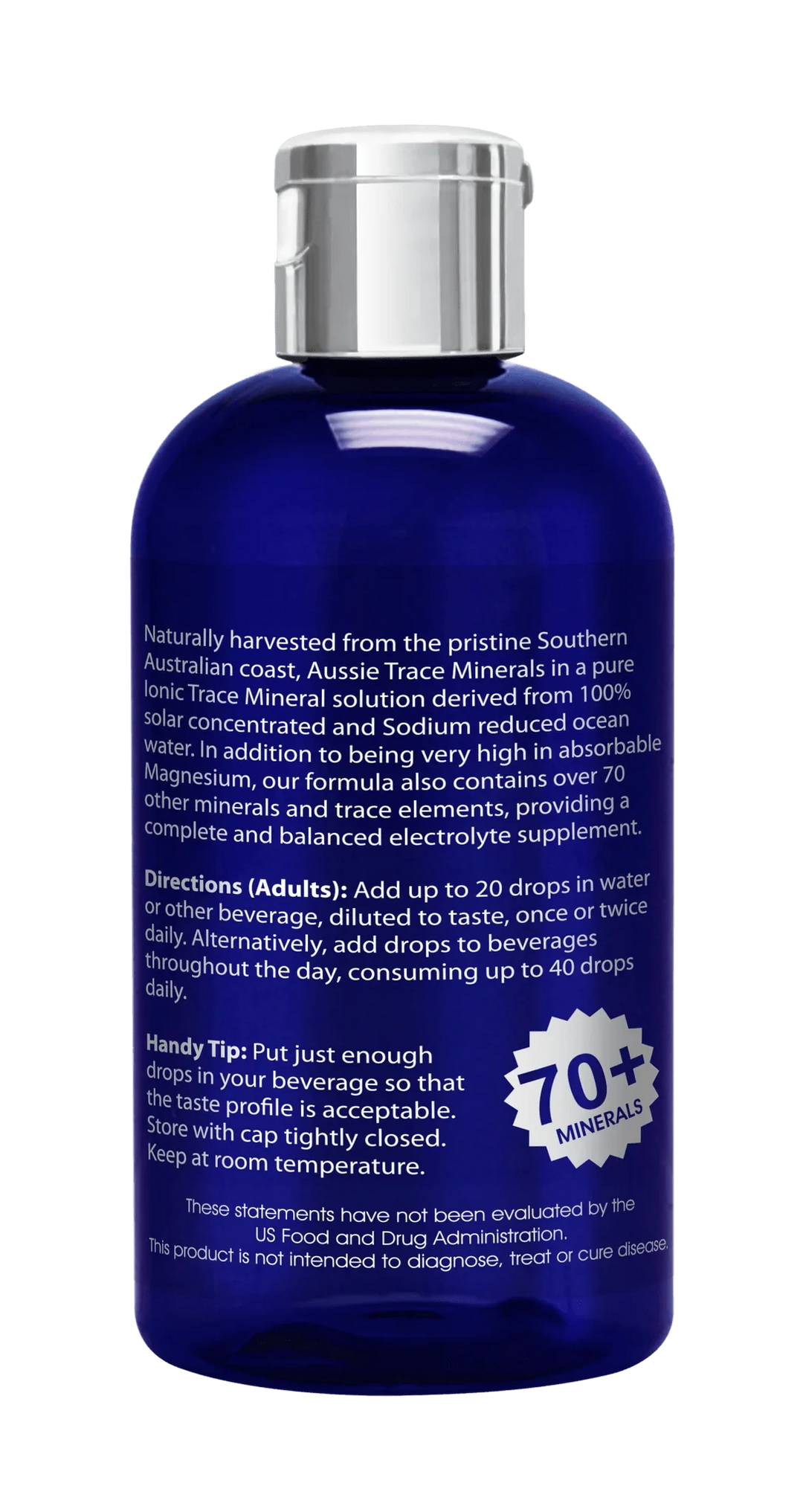 Blue bottle with silver cap containing Ocean Sourced Electrolyte Drops - 240ml by Aussie Trace Minerals with usage directions.