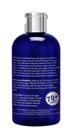 Blue bottle with silver cap containing Ocean Sourced Electrolyte Drops - 240ml by Aussie Trace Minerals with usage directions.