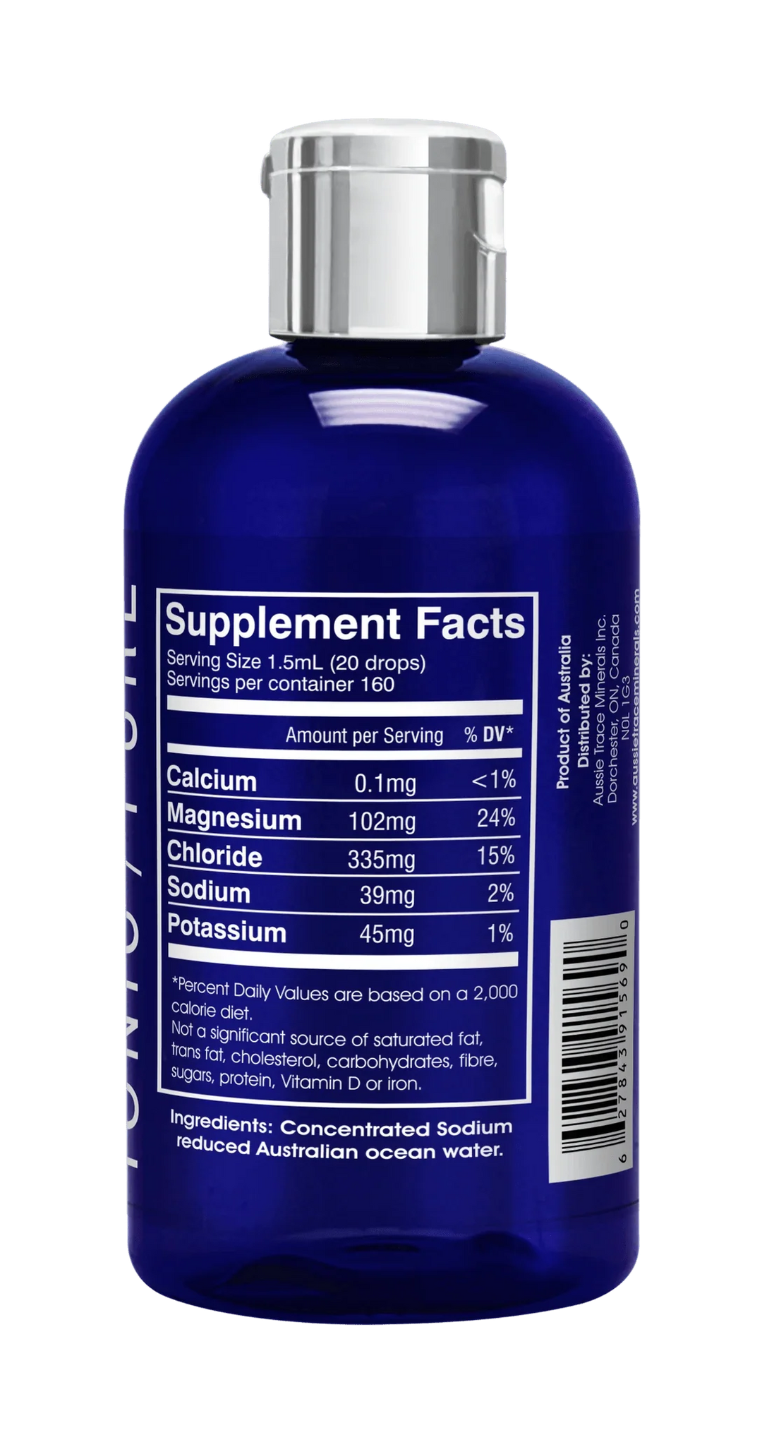 Ocean Sourced Electrolyte Drops - 240ml supplement facts label showing mineral content including magnesium and chloride from Aussie Trace Minerals.