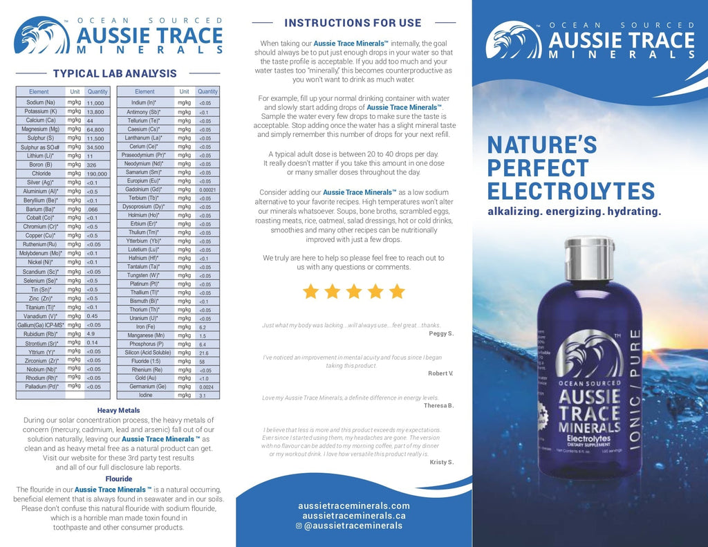Ocean Sourced Electrolyte Drops - 240ml bottle with label, branding, and detailed mineral facts on accompanying panels