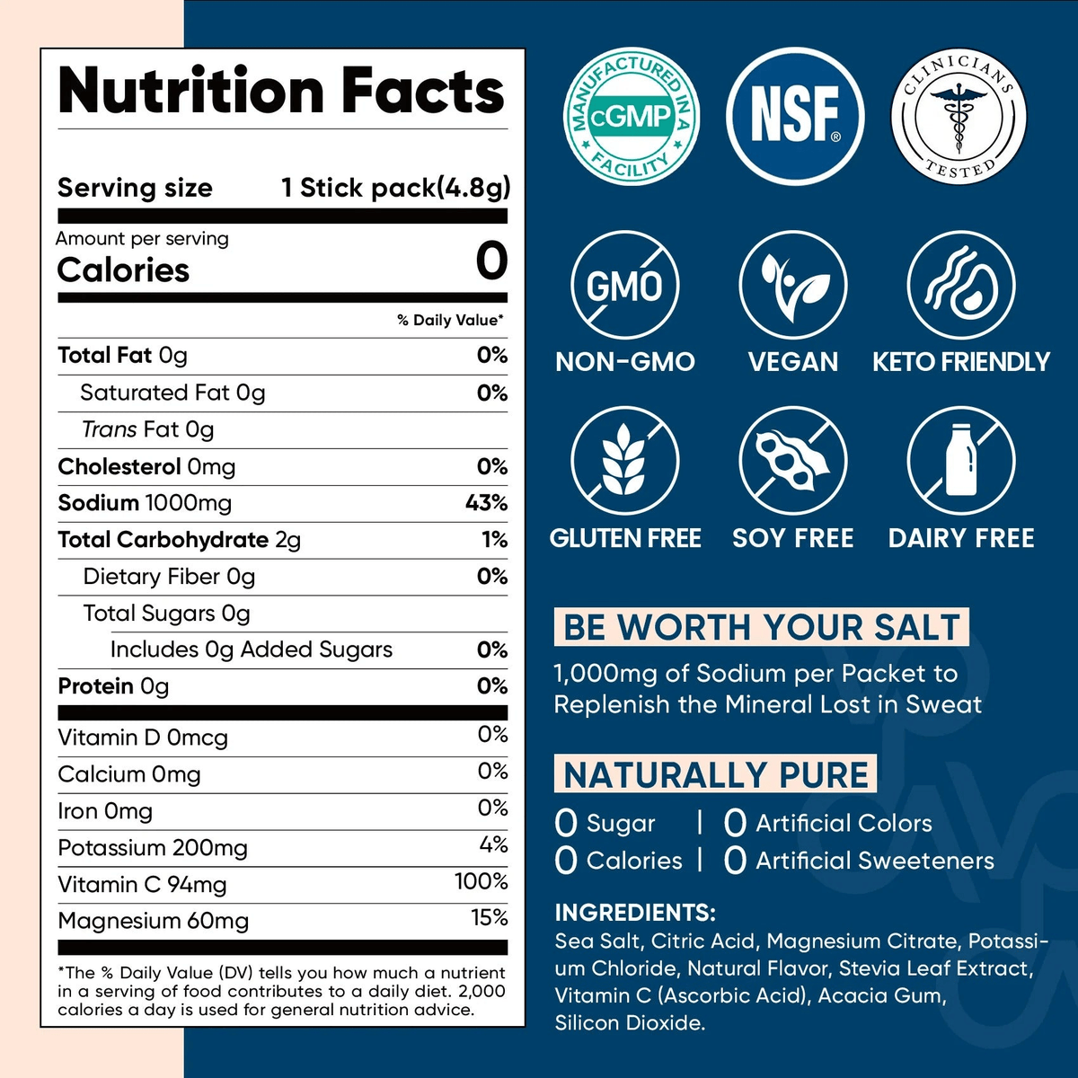 Orange Electrolyte Drink Mix - 30 Sticks nutrition facts panel with 1000mg sodium and vitamin C from Venture Pal.