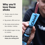 Person holding an Organic Beef Stick - Sea Salt - Box of 12 by Chief, a high-protein savory snack from keto Jerky collections.