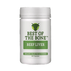 White bottle of Organic Grass-fed Beef Liver - 180 Capsules by Best Of The Bone with green and black label design