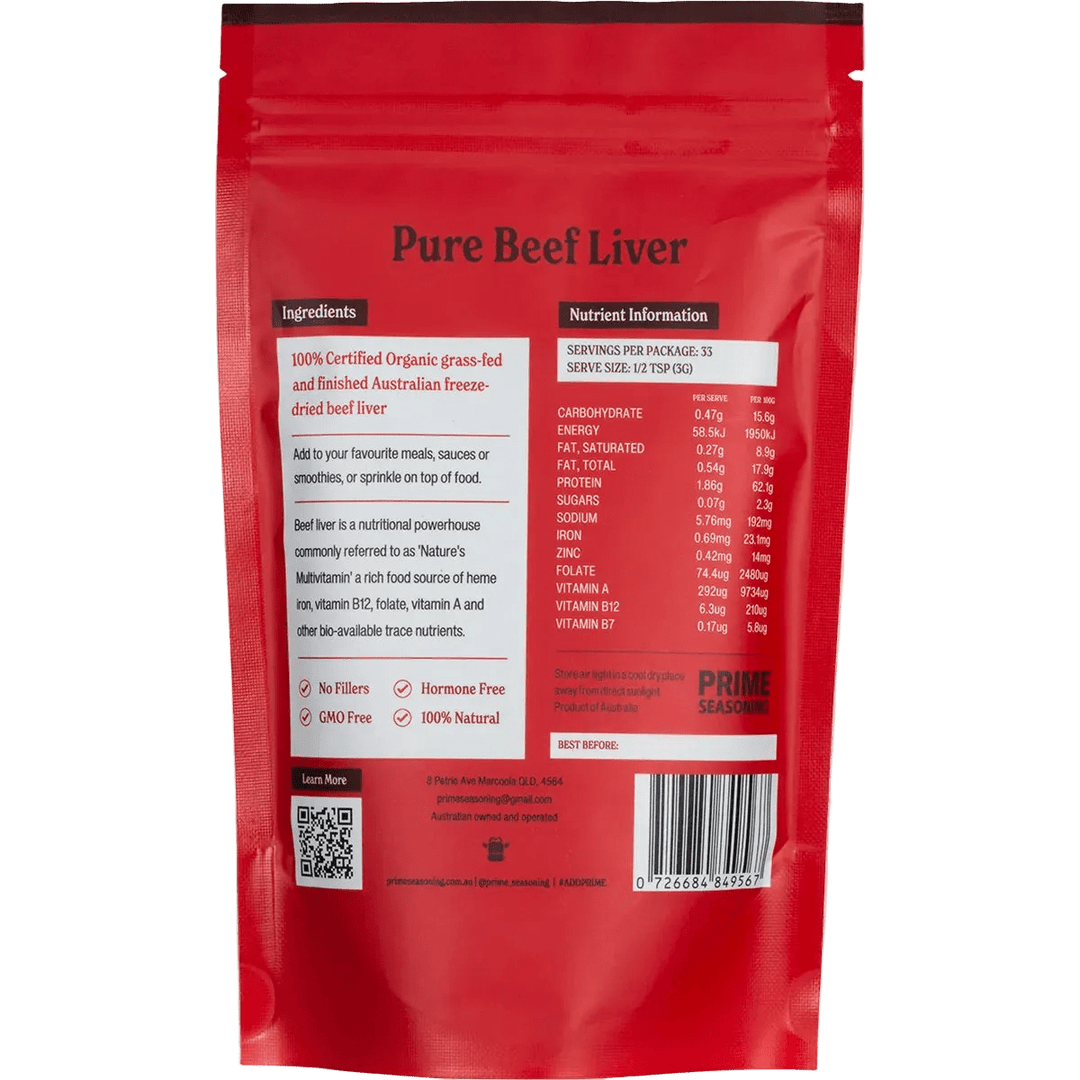 Back of Prime Seasoning Organic Pure Freeze Dried Beef Liver Powder - 100g bag with nutritional info and product details for Keto and Low Carb diets.