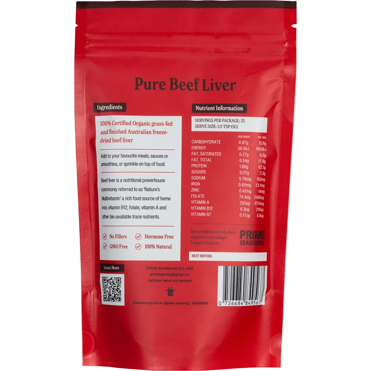 Back of Prime Seasoning Organic Pure Freeze Dried Beef Liver Powder - 100g bag with nutritional info and product details for Keto and Low Carb diets.