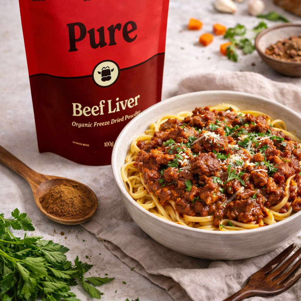 Bowl of pasta with sauce featuring Organic Pure Freeze Dried Beef Liver Powder - 100g by Prime Seasoning, Love Low Carb brand