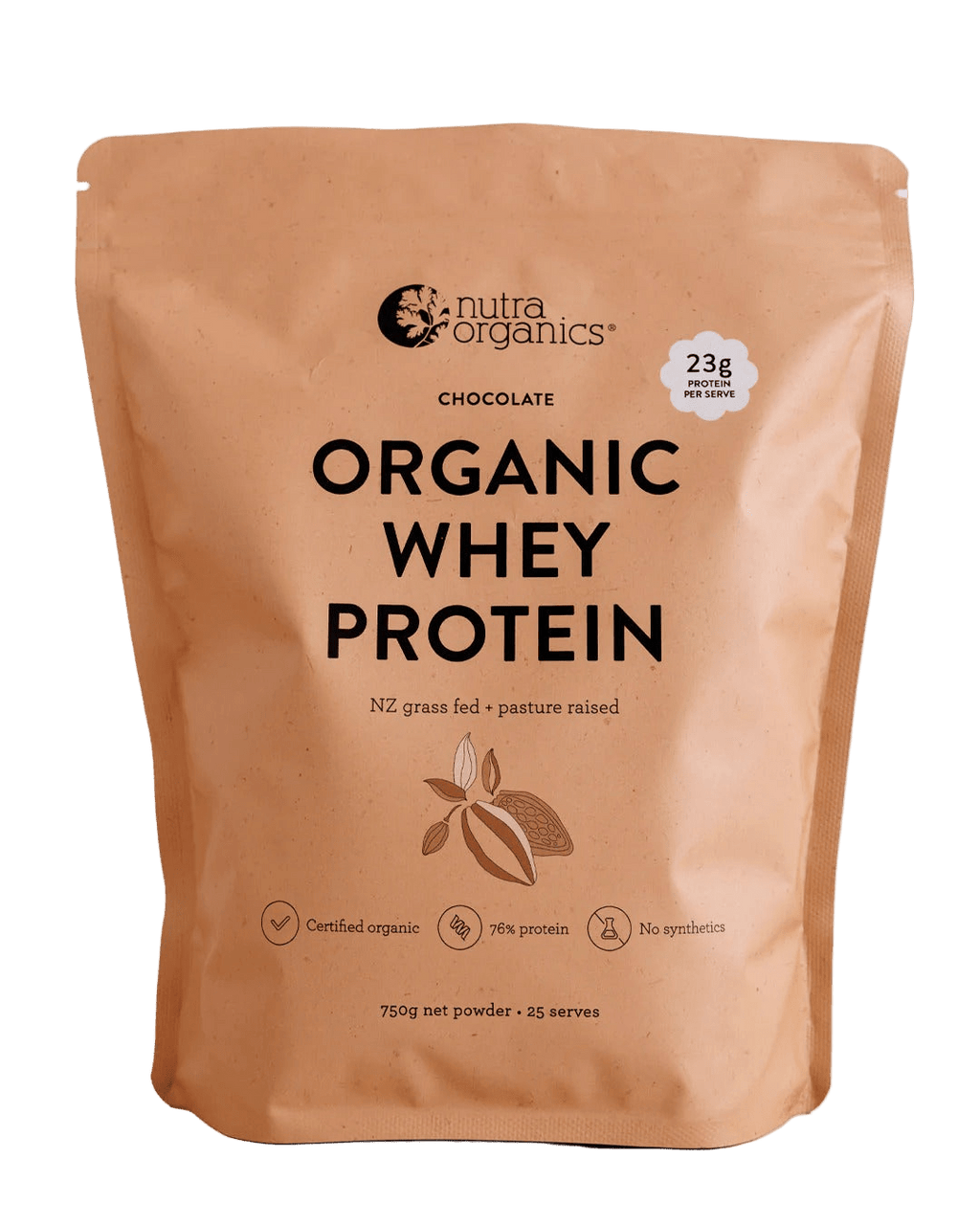 Nutra Organics Organic Whey Protein - Chocolate - 750g pouch with 23g protein per serve in natural packaging