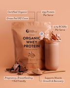Organic Whey Protein - Chocolate - 750g by Nutra Organics with chocolate pieces, scoop, and protein shake splash