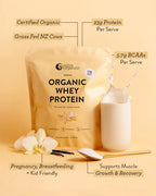 Organic Whey Protein - Vanilla - 750g by Nutra Organics with grass-fed NZ cows, 23g protein, and BCAAs for muscle recovery