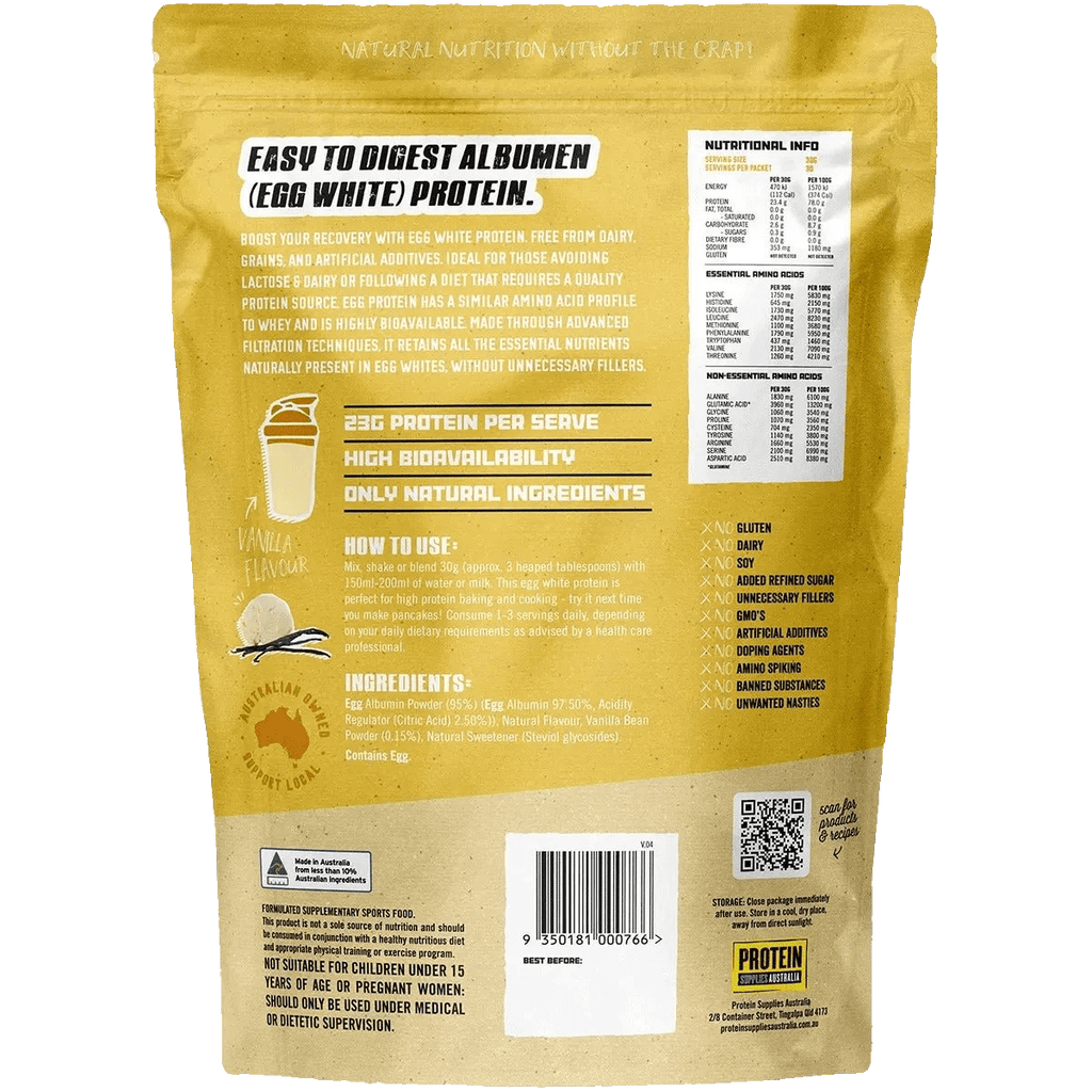 Back of Paleo Pro Vanilla Egg White Protein - 900g bag with nutrition, ingredients, and usage details by Protein Supplies Australia.