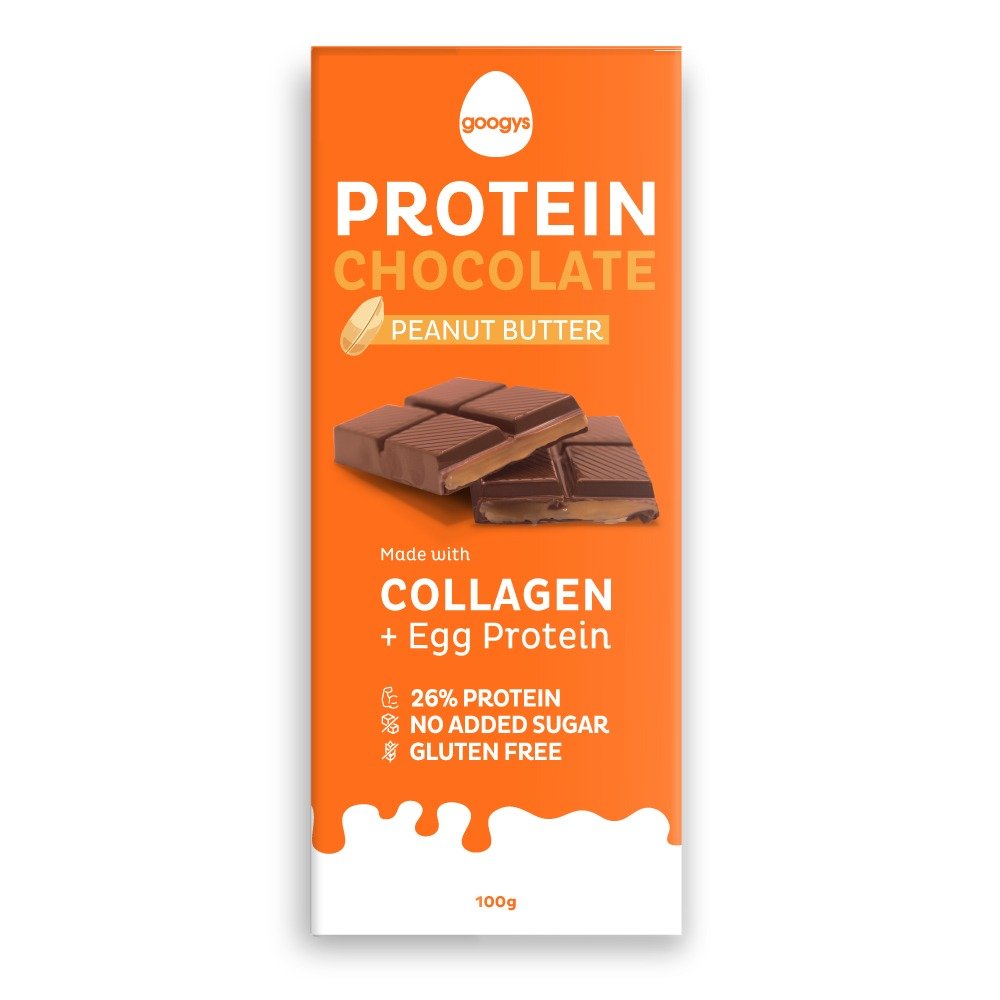 Googys Peanut Butter Protein Chocolate Bar - 100g with collagen, egg protein, 26% protein, gluten free, no added sugar.