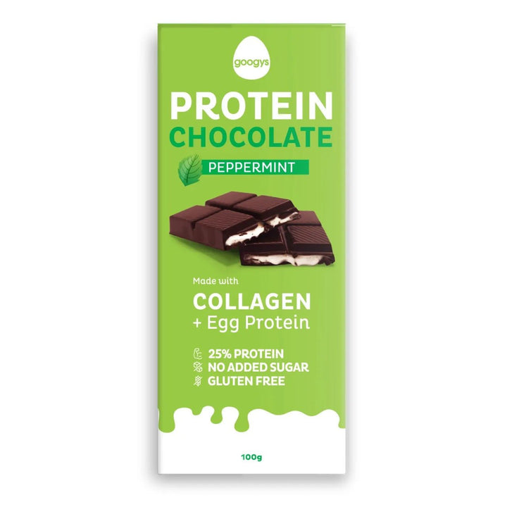 Googys Peppermint Protein Chocolate Bar - 100g with collagen, egg protein, no added sugar, gluten free, low carb snack.