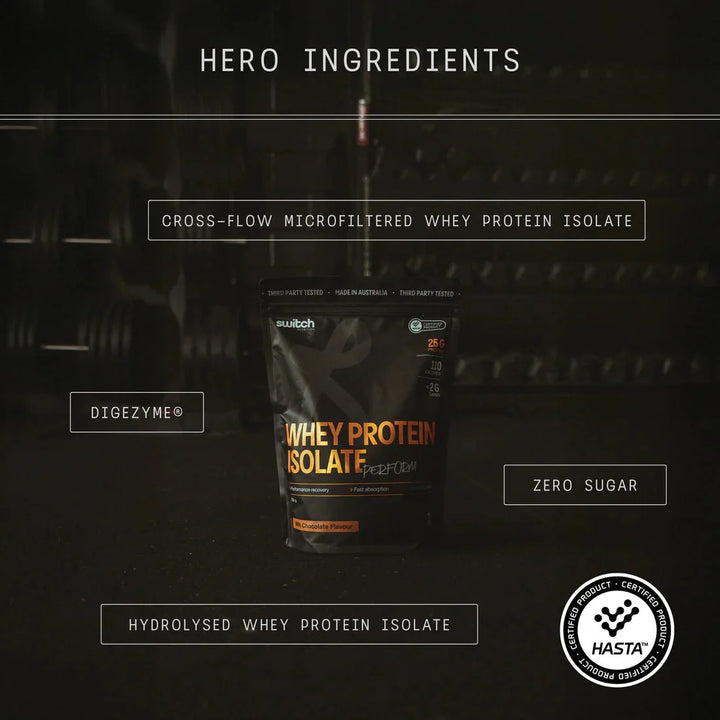 A bag of Switch Nutrition Perform Whey Protein Isolate - Chocolate 750g rests on a gym floor, with labels highlighting rapid absorption, cross-flow microfiltered whey protein isolate, Digezyme, lactose-free, zero sugar, and hydrolysed whey.