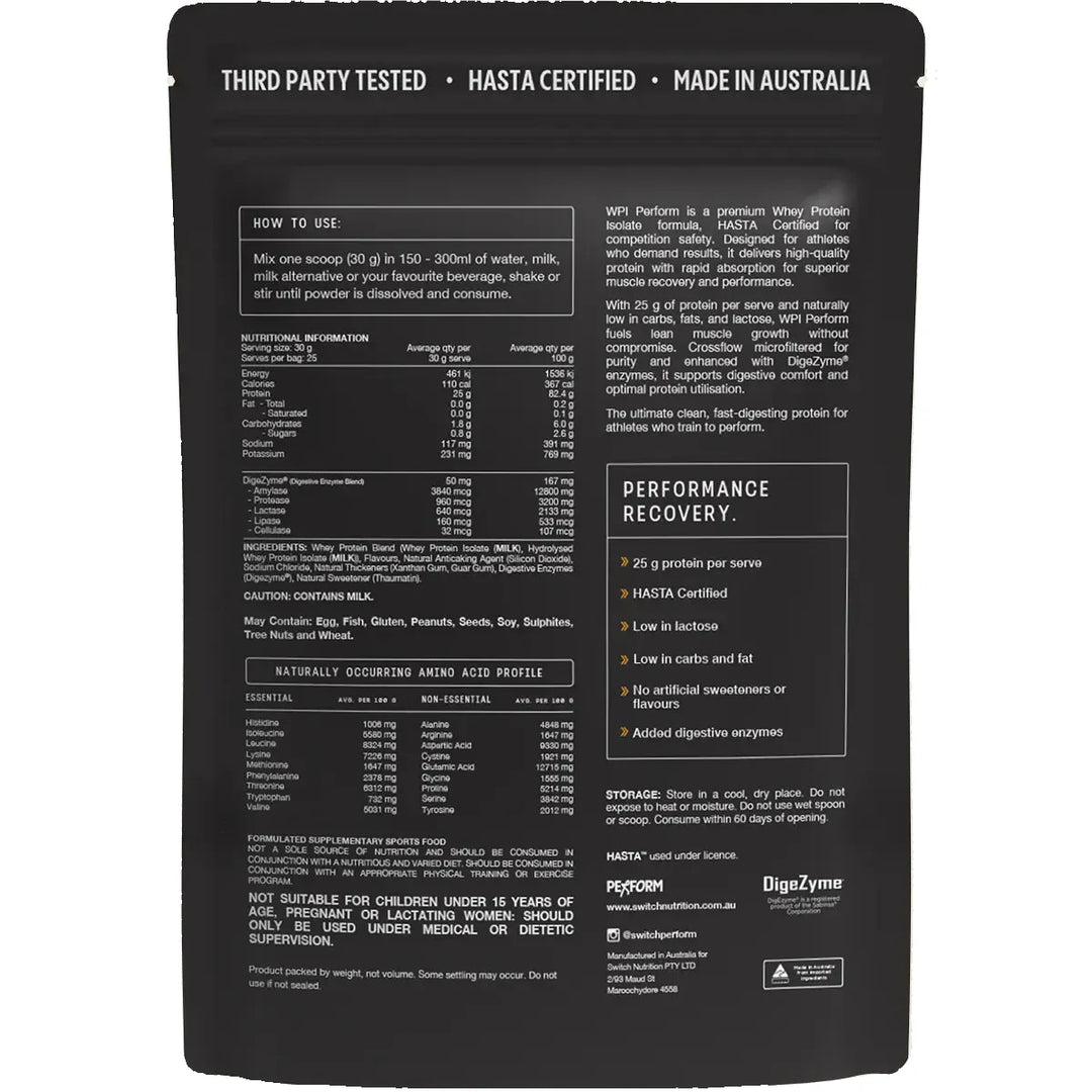 Back view of a Switch Nutrition Perform Whey Protein Isolate - Vanilla 750g pack displaying nutrition facts, ingredients, amino acid profile, usage directions, certifications, and benefits for performance and recovery.
