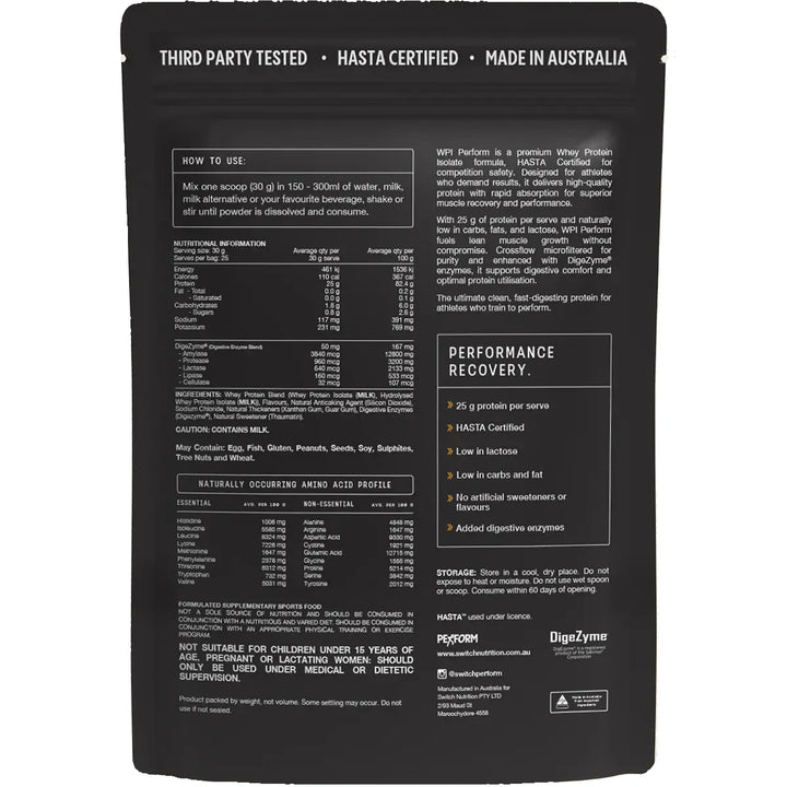 Back view of a Switch Nutrition Perform Whey Protein Isolate - Vanilla 750g pack displaying nutrition facts, ingredients, amino acid profile, usage directions, certifications, and benefits for performance and recovery.