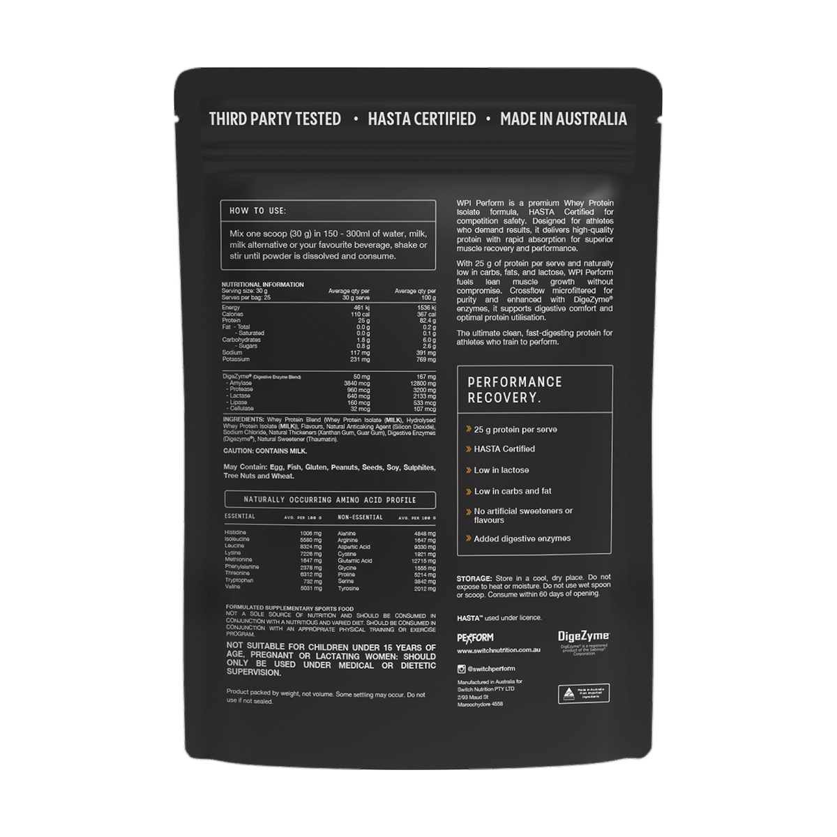 Back of the Switch Nutrition Whey Protein Isolate Perform Vanilla 750 g pouch with directions, nutrition information and ingredients
