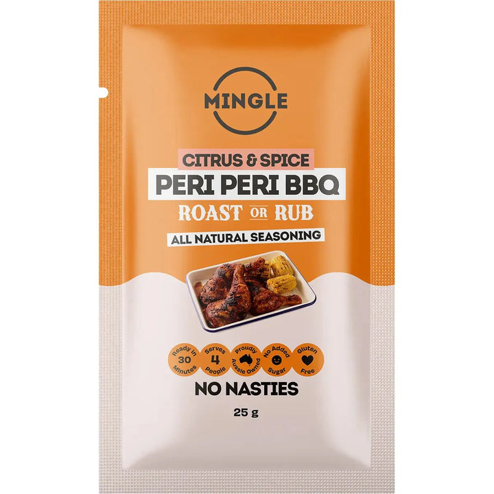 Peri Peri BBQ Seasoning - 25g by Mingle in orange sachet, citrus and spice blend for roasting or rubbing meats