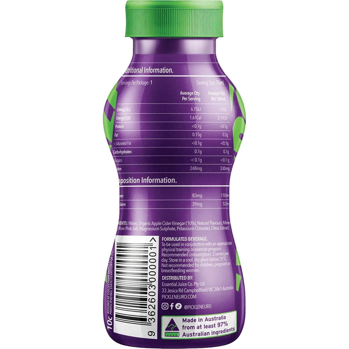 Back view of a purple juice bottle with a green cap, showing nutrition facts, ingredients, and a barcode on a white background.