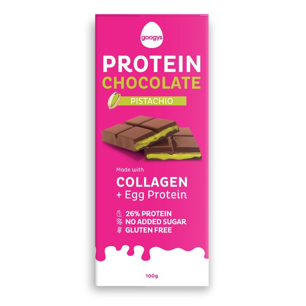 Pistachio Protein Chocolate Bar - 100g by Googys, popular low carb sweet snack from Chocolate collection.