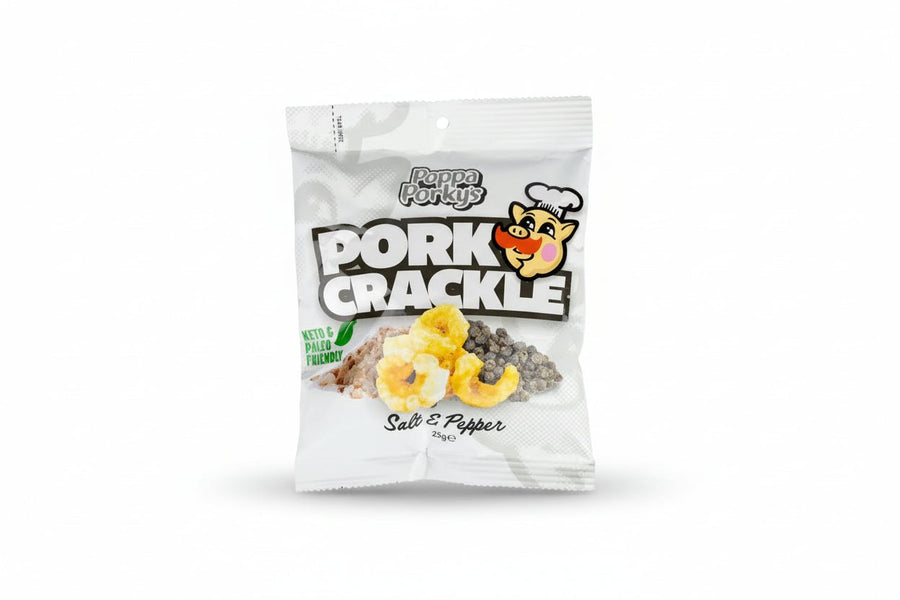 Poppa Porky’s Pork Crackle - Salt & Pepper - 25g bag, savoury snack from carnivore and low carb collections.